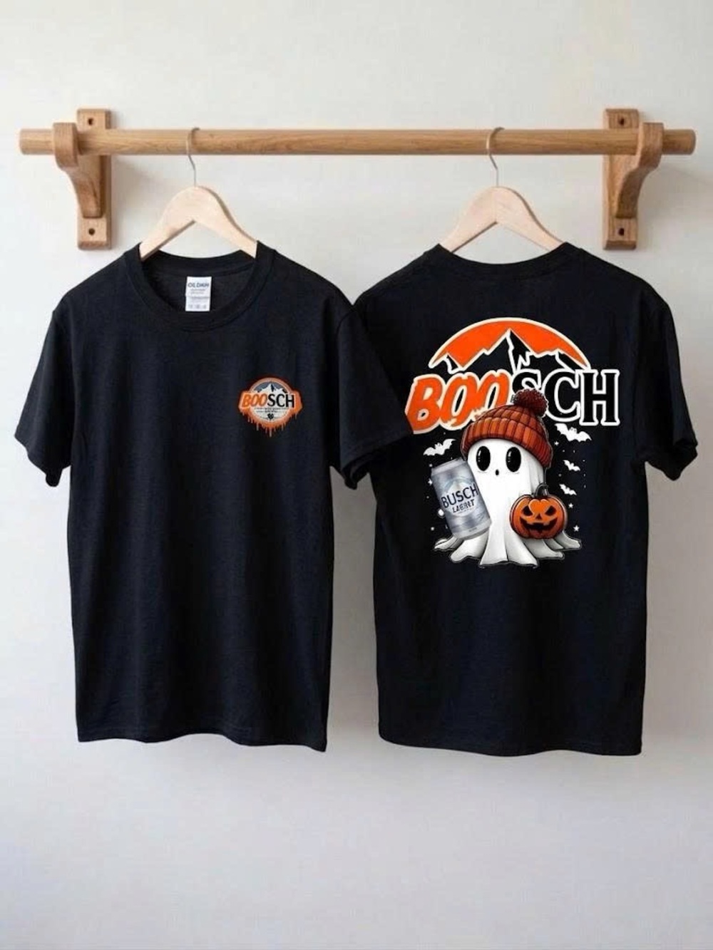 Boosch Ghost Drinking Beer Halloween Graphic T-Shirt Spooky Black Tee